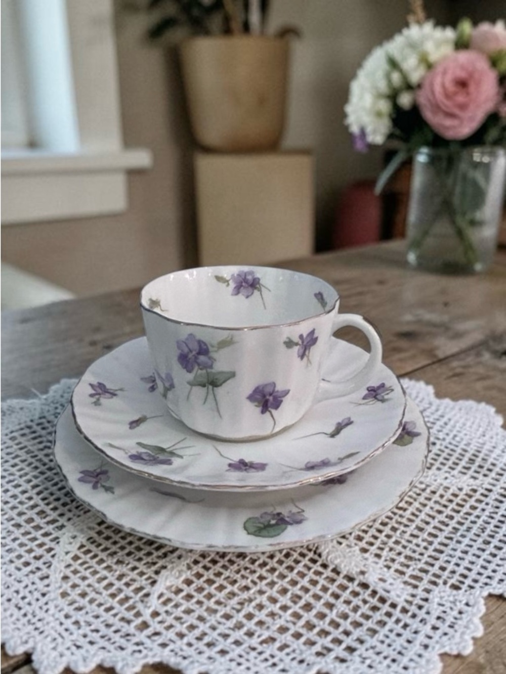Vintage Royal Doulton Violets Teacup Trio Set with Sideplate